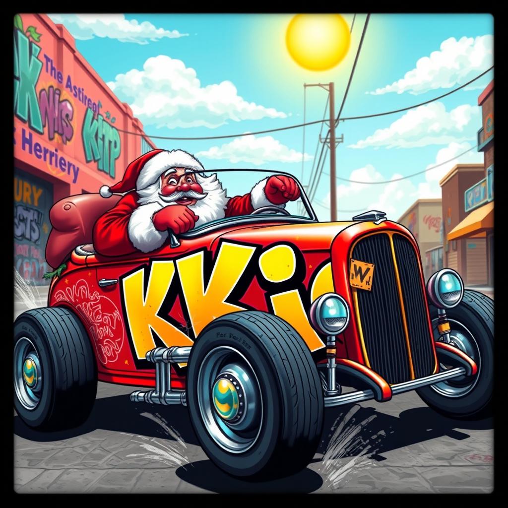 A whimsical scene featuring Santa Claus riding a vibrant hot rod car adorned with graffiti art