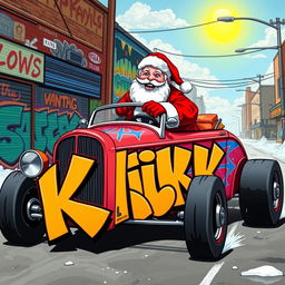 A whimsical scene featuring Santa Claus riding a vibrant hot rod car adorned with graffiti art