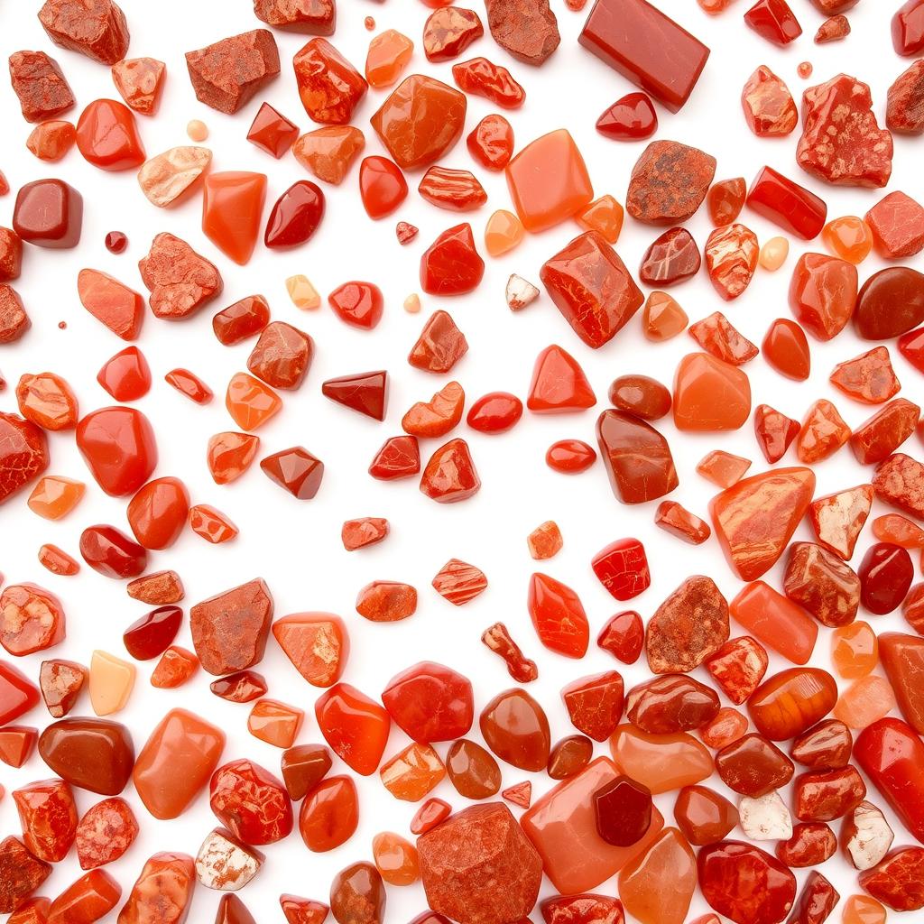 An intricate and visually appealing arrangement of Carnelian, Bloodstone, and Red Jasper crystals filling the entire image against a clean white background