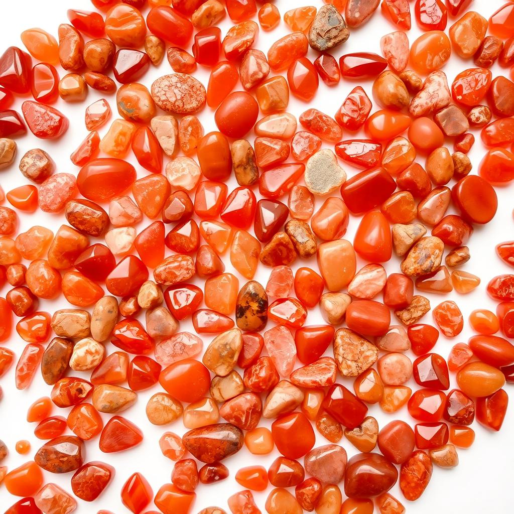 An intricate and visually appealing arrangement of Carnelian, Bloodstone, and Red Jasper crystals filling the entire image against a clean white background