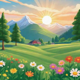 A vibrant, cartoon-style image of a farm field with lush trees, green grass, and blooming flowers, a majestic mountain in the backdrop, and the sun shining brightly in the sky.