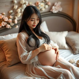 A beautiful, attractive Japanese pregnant woman gently touching her belly while lying on a soft bed