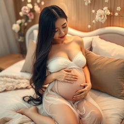 A beautiful, attractive Japanese pregnant woman gently touching her belly while lying on a soft bed