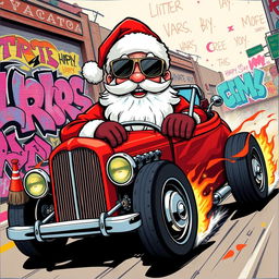 A 2D graffiti art style illustration of Santa Claus wearing stylish sunglasses, confidently riding a sleek hot rod car