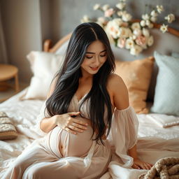 A beautiful, attractive Japanese pregnant woman gently touching her belly while lying on a soft bed