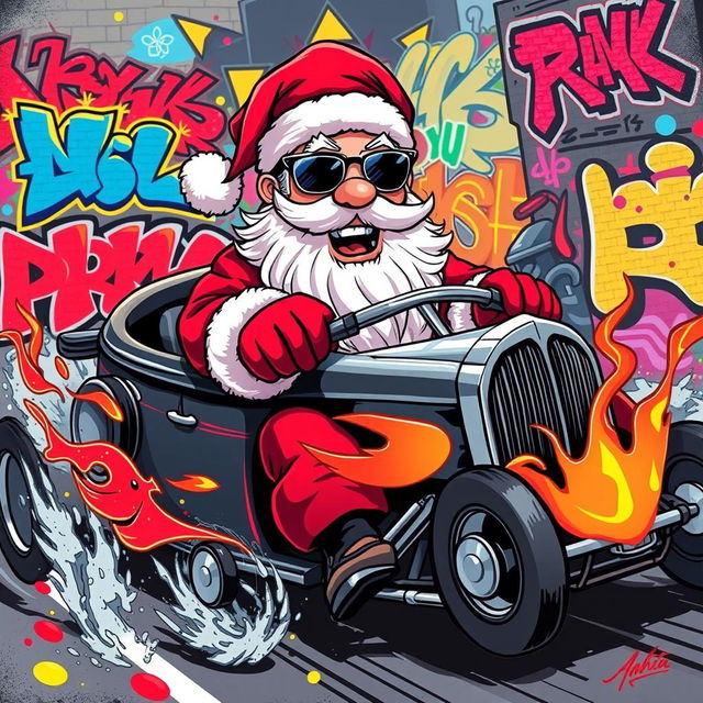 A 2D graffiti art style illustration of Santa Claus wearing stylish sunglasses, confidently riding a sleek hot rod car