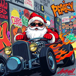 A 2D graffiti art style illustration of Santa Claus wearing stylish sunglasses, confidently riding a sleek hot rod car