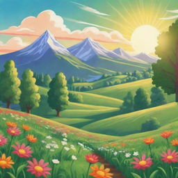 A vibrant, cartoon-style image of a farm field with lush trees, green grass, and blooming flowers, a majestic mountain in the backdrop, and the sun shining brightly in the sky.