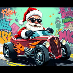 A 2D graffiti art style illustration of Santa Claus wearing stylish sunglasses, confidently riding a sleek hot rod car