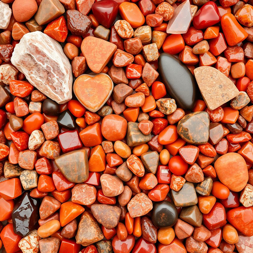 A vibrant and captivating composition that fills the entire screen with an array of Carnelian, Bloodstone, and Red Jasper crystals, showcasing both raw and polished forms