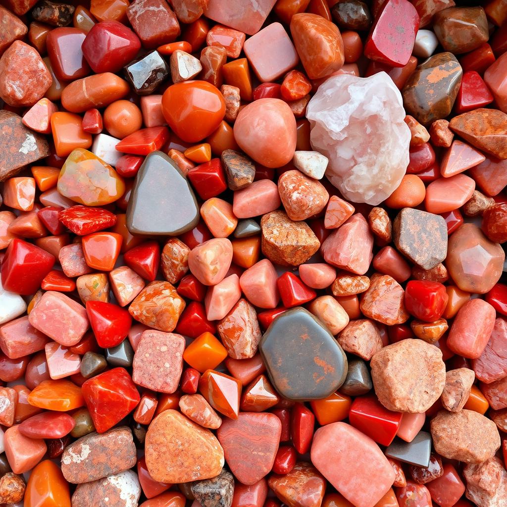 A vibrant and captivating composition that fills the entire screen with an array of Carnelian, Bloodstone, and Red Jasper crystals, showcasing both raw and polished forms