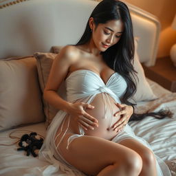 A beautiful, attractive Japanese pregnant woman with captivating curves and stunning features, gently touching her belly while lying gracefully on a luxurious bed