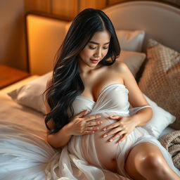 A beautiful, attractive Japanese pregnant woman with captivating curves and stunning features, gently touching her belly while lying gracefully on a luxurious bed