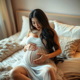 A beautiful, attractive Japanese pregnant woman with captivating curves and stunning features, gently touching her belly while lying gracefully on a luxurious bed