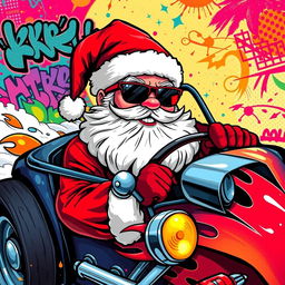 A dynamic 2D graffiti art style illustration of Santa Claus with cool sunglasses, cruising in a flashy hot rod car