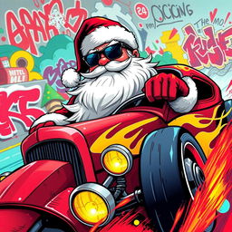 A dynamic 2D graffiti art style illustration of Santa Claus with cool sunglasses, cruising in a flashy hot rod car