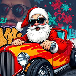 A dynamic 2D graffiti art style illustration of Santa Claus with cool sunglasses, cruising in a flashy hot rod car