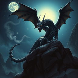 A fearsome black dragon perched menacingly on a rocky cliff, its scales glistening in the moonlight