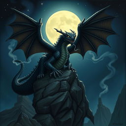 A fearsome black dragon perched menacingly on a rocky cliff, its scales glistening in the moonlight