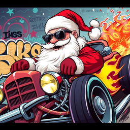 A dynamic 2D graffiti art style illustration of Santa Claus with cool sunglasses, cruising in a flashy hot rod car