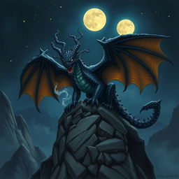 A fearsome black dragon perched menacingly on a rocky cliff, its scales glistening in the moonlight