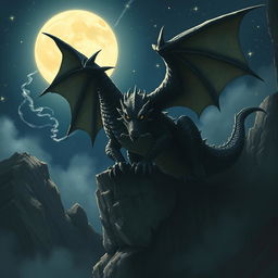 A fearsome black dragon perched menacingly on a rocky cliff, its scales glistening in the moonlight