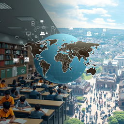 A large, high-resolution digital world map at the center, surrounded by floating icons that represent education, technology, and various learning tools