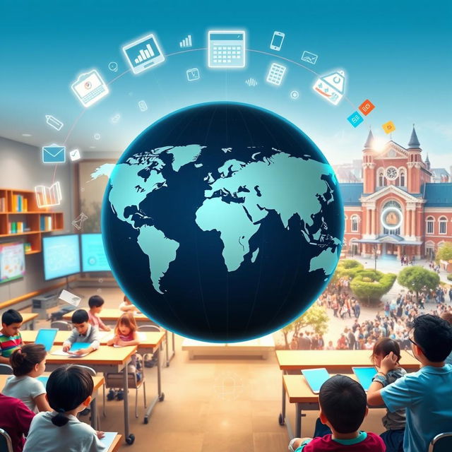 A large, high-resolution digital world map at the center, surrounded by floating icons that represent education, technology, and various learning tools