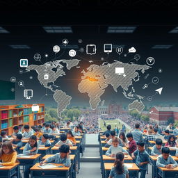 A large, high-resolution digital world map at the center, surrounded by floating icons that represent education, technology, and various learning tools