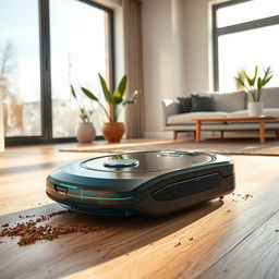 A high-tech robot vacuum in action, showcasing its sleek design and advanced features