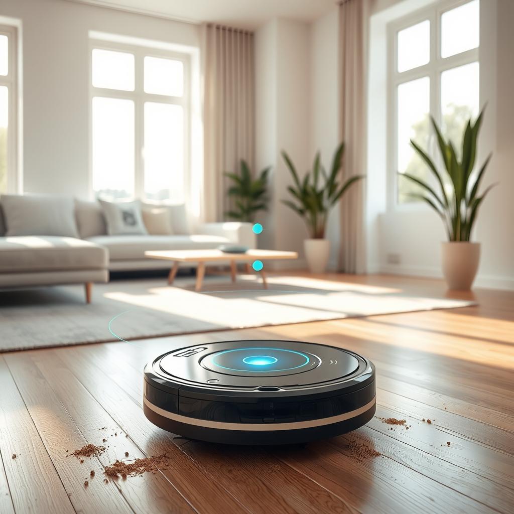 A high-tech robot vacuum in action, showcasing its sleek design and advanced features