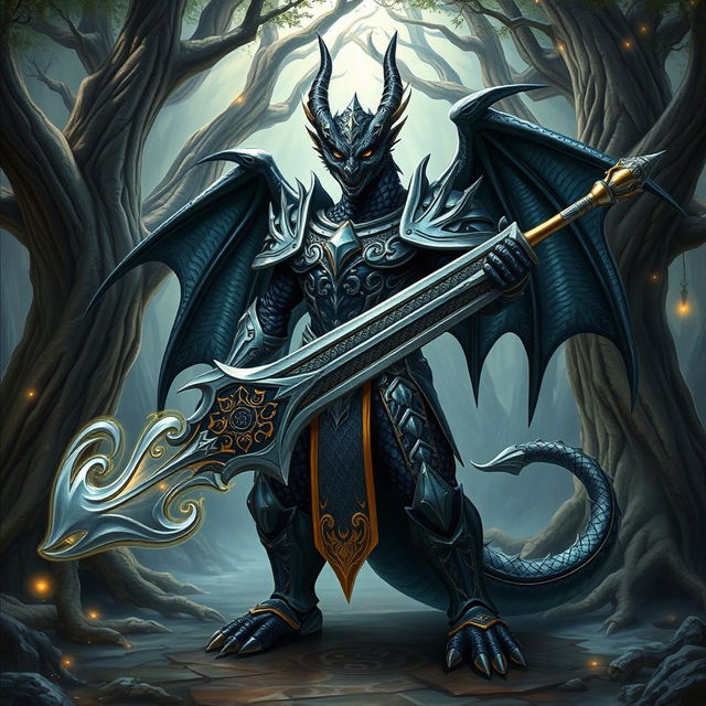 A powerful and regal black dragonborn character standing proudly in a mystical forest setting