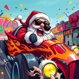 A full view illustration in a 2D graffiti art style, showcasing Santa Claus wearing stylish sunglasses as he joyfully rides in a flashy hot rod car