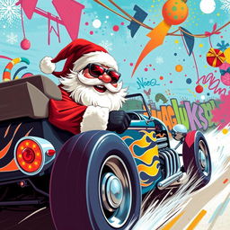 A full view illustration in a 2D graffiti art style, showcasing Santa Claus wearing stylish sunglasses as he joyfully rides in a flashy hot rod car