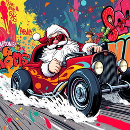 A full view illustration in a 2D graffiti art style, showcasing Santa Claus wearing stylish sunglasses as he joyfully rides in a flashy hot rod car