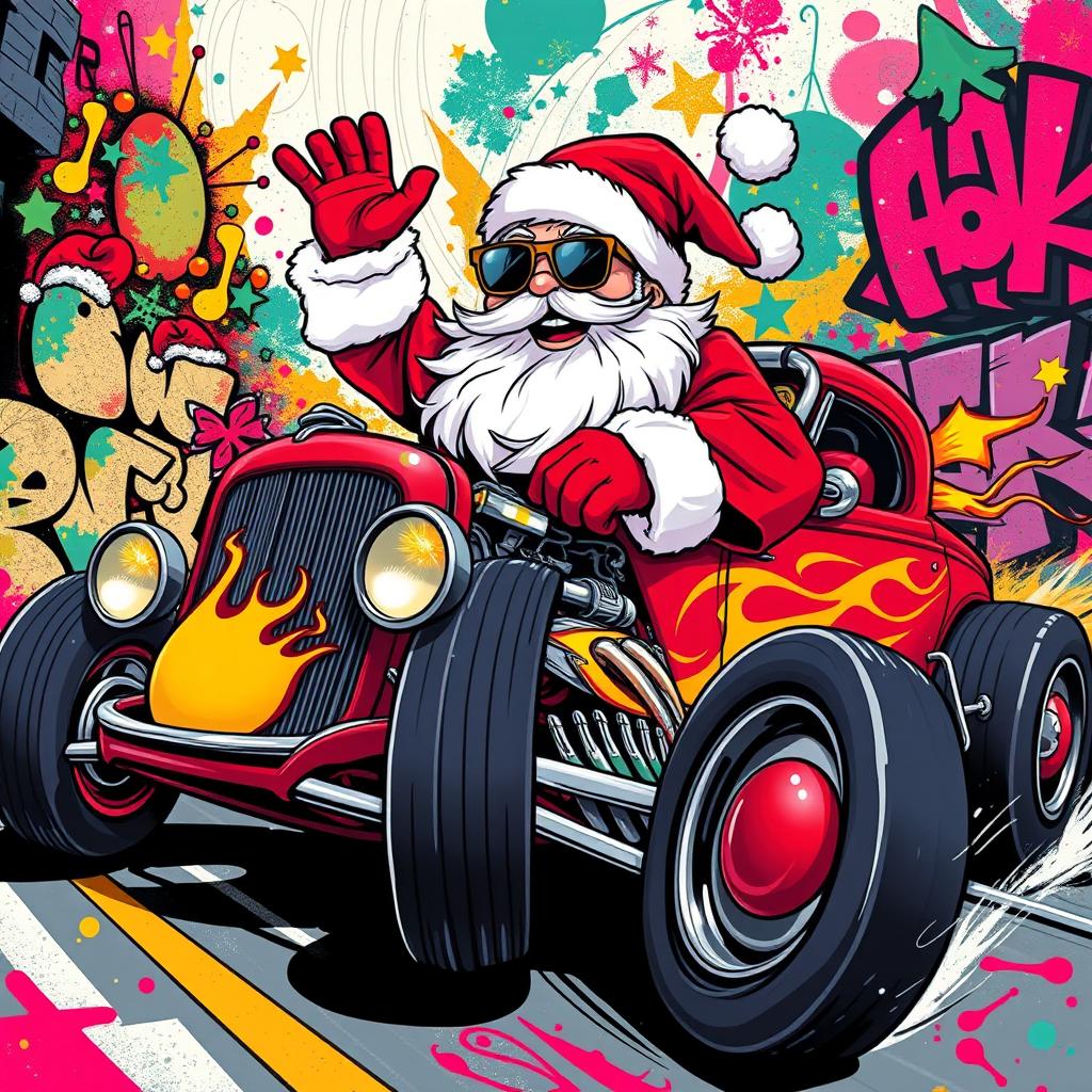 A full view illustration in a 2D graffiti art style, showcasing Santa Claus wearing stylish sunglasses as he joyfully rides in a flashy hot rod car