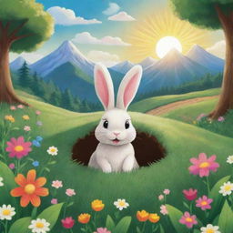 A vibrant, cartoon-style image of a bunny inside a burrow, placed in a farm field filled with lush trees, green grass, and blooming flowers, a majestic mountain in the backdrop, and the sun shining brightly in the sky.