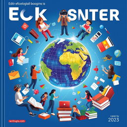 A striking digital globe at the center of the cover, surrounded by an array of virtual reality headsets, laptops, books, and traditional school supplies orbiting around it