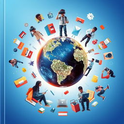 A striking digital globe at the center of the cover, surrounded by an array of virtual reality headsets, laptops, books, and traditional school supplies orbiting around it