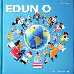 A striking digital globe at the center of the cover, surrounded by an array of virtual reality headsets, laptops, books, and traditional school supplies orbiting around it