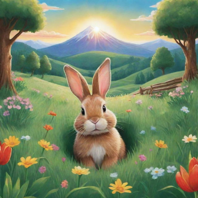 A vibrant, cartoon-style image of a bunny inside a burrow, placed in a farm field filled with lush trees, green grass, and blooming flowers, a majestic mountain in the backdrop, and the sun shining brightly in the sky.