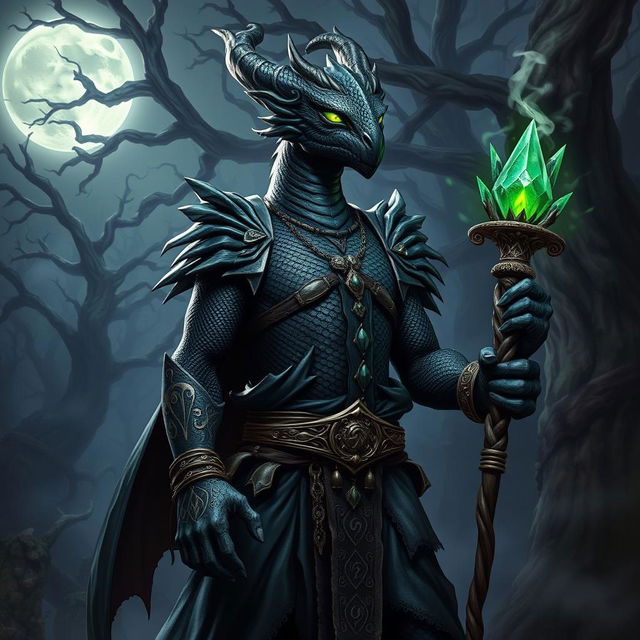 A powerful black dragonborn warlock, standing tall and majestic