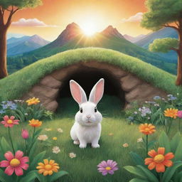 A vibrant, cartoon-style image of a bunny inside a burrow, placed in a farm field filled with lush trees, green grass, and blooming flowers, a majestic mountain in the backdrop, and the sun shining brightly in the sky.