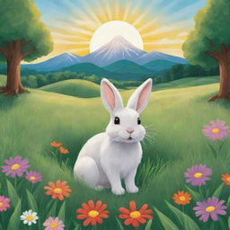 A vibrant, cartoon-style image of a bunny inside a burrow, placed in a farm field filled with lush trees, green grass, and blooming flowers, a majestic mountain in the backdrop, and the sun shining brightly in the sky.