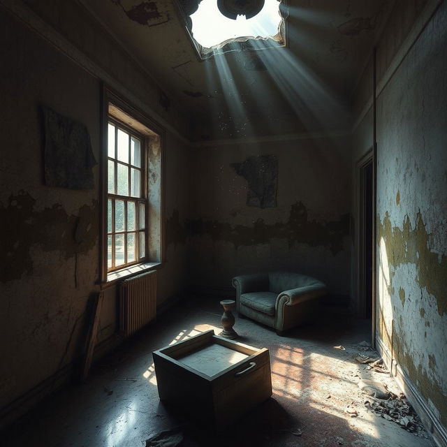 An abandoned, broken room filled with peeling paint, cracked walls, and a stained floor