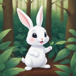 A vibrant, cartoon-style image of a petite, white bunny holding a seed delicately in its paws, in the middle of a lush forest.