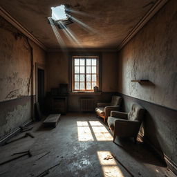 An abandoned, broken room filled with peeling paint, cracked walls, and a stained floor