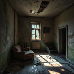 An abandoned, broken room filled with peeling paint, cracked walls, and a stained floor