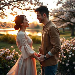 A beautiful and romantic scene depicting love, featuring a lovely couple sharing a tender moment in a serene park filled with blooming flowers and gentle sunlight filtering through the leaves