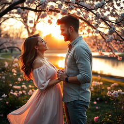 A beautiful and romantic scene depicting love, featuring a lovely couple sharing a tender moment in a serene park filled with blooming flowers and gentle sunlight filtering through the leaves